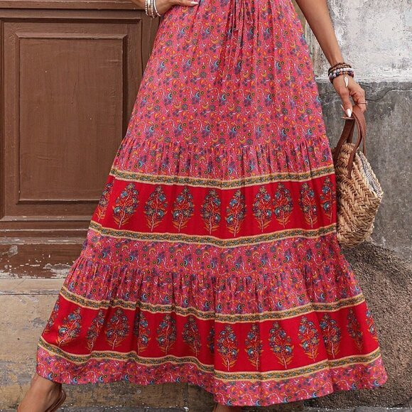 Pink Boho Women's Color Block Butterfly Printed Maxi A-Line Skirt For Vacation - Picture 6 of 6